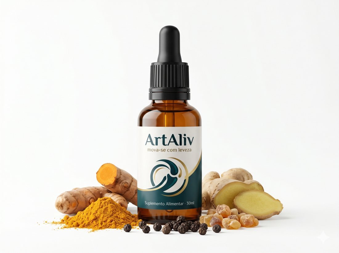 Frasco conta-gotas ArtAliv, suplemento alimentar de 30ml, ao lado de cúrcuma, gengibre e pimenta-preta